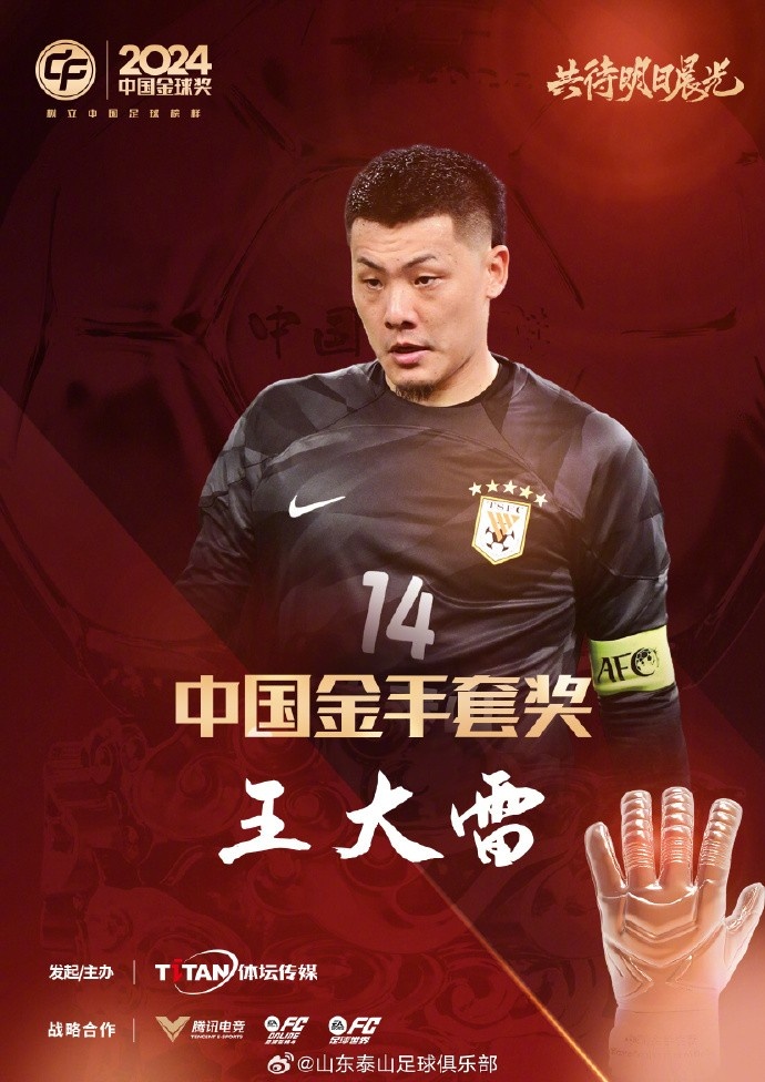  王大雷榮獲中國金手套獎，謝文能入選中國金球獎候選人前三名