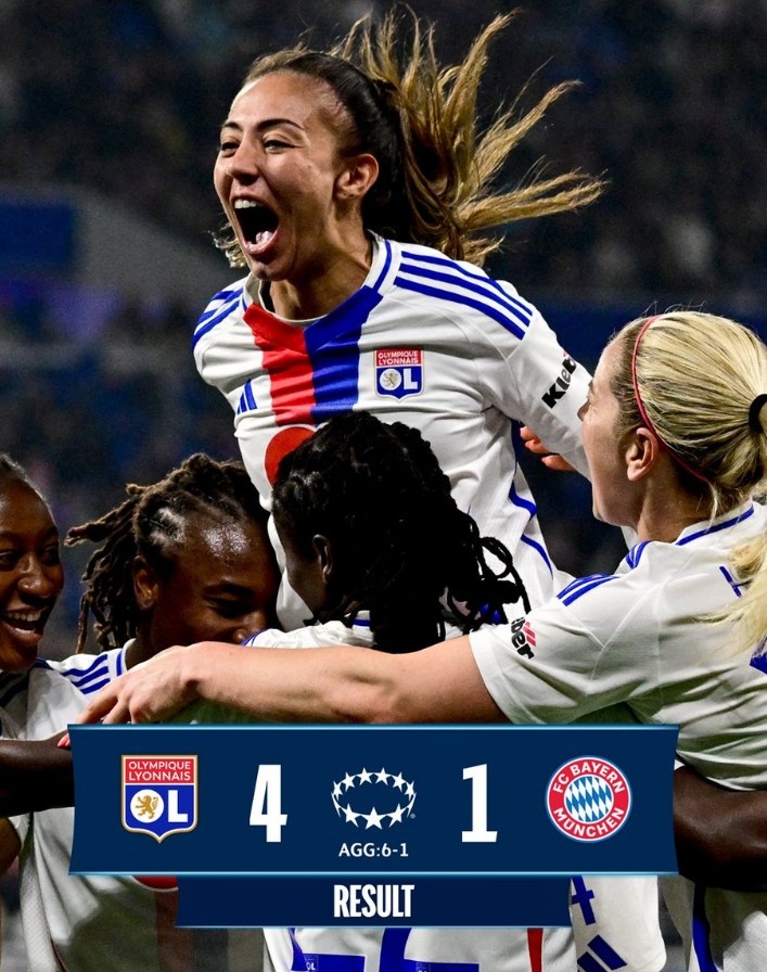  里昂女足4-1大勝拜仁女足，總比分6-1晉級女足歐冠半決賽
